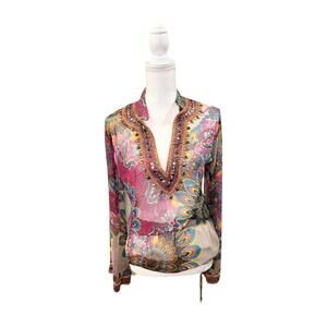 New Monique Leshman Embellished Silk Boho Blouse, Small